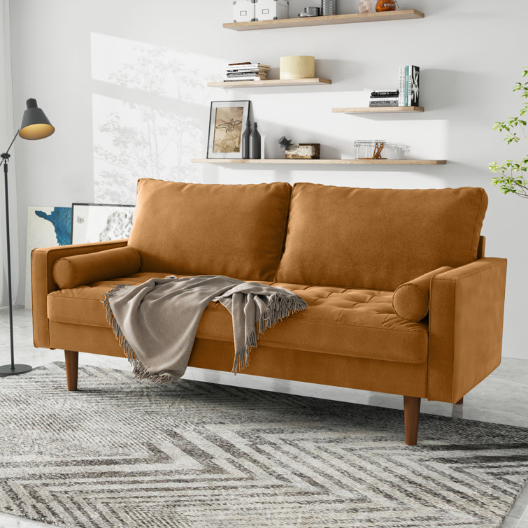 Corrigan Studio Mauck 70 Inch Velvet Sofa Comfy 3 Seater Loveseat Sofa Couch with Tufted Seat Mid Century Modern Couch with Two Throw Pillows Couches for Living Room Bedroom Apartment Solid Wood Legs